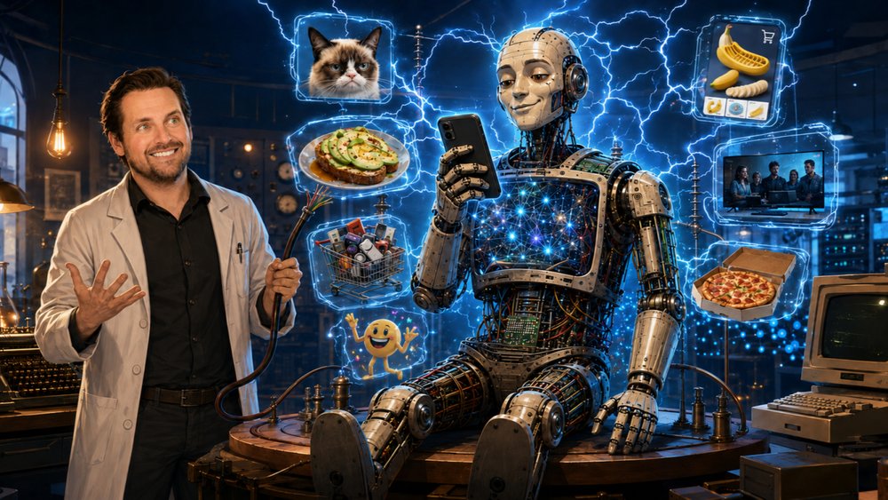 Illustration: a scientist in a lab coat beside a Frankenstein-style robot surrounded by everyday internet data — cat photos, food pics, shopping carts, and emojis — crackling with electricity
