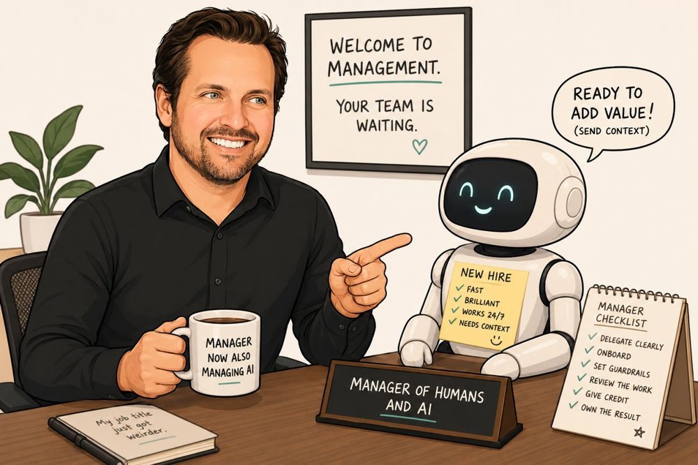 Illustration: a manager welcoming a friendly AI robot as a new hire, with a manager checklist — delegate clearly, onboard, set guardrails, review the work, give credit, own the result